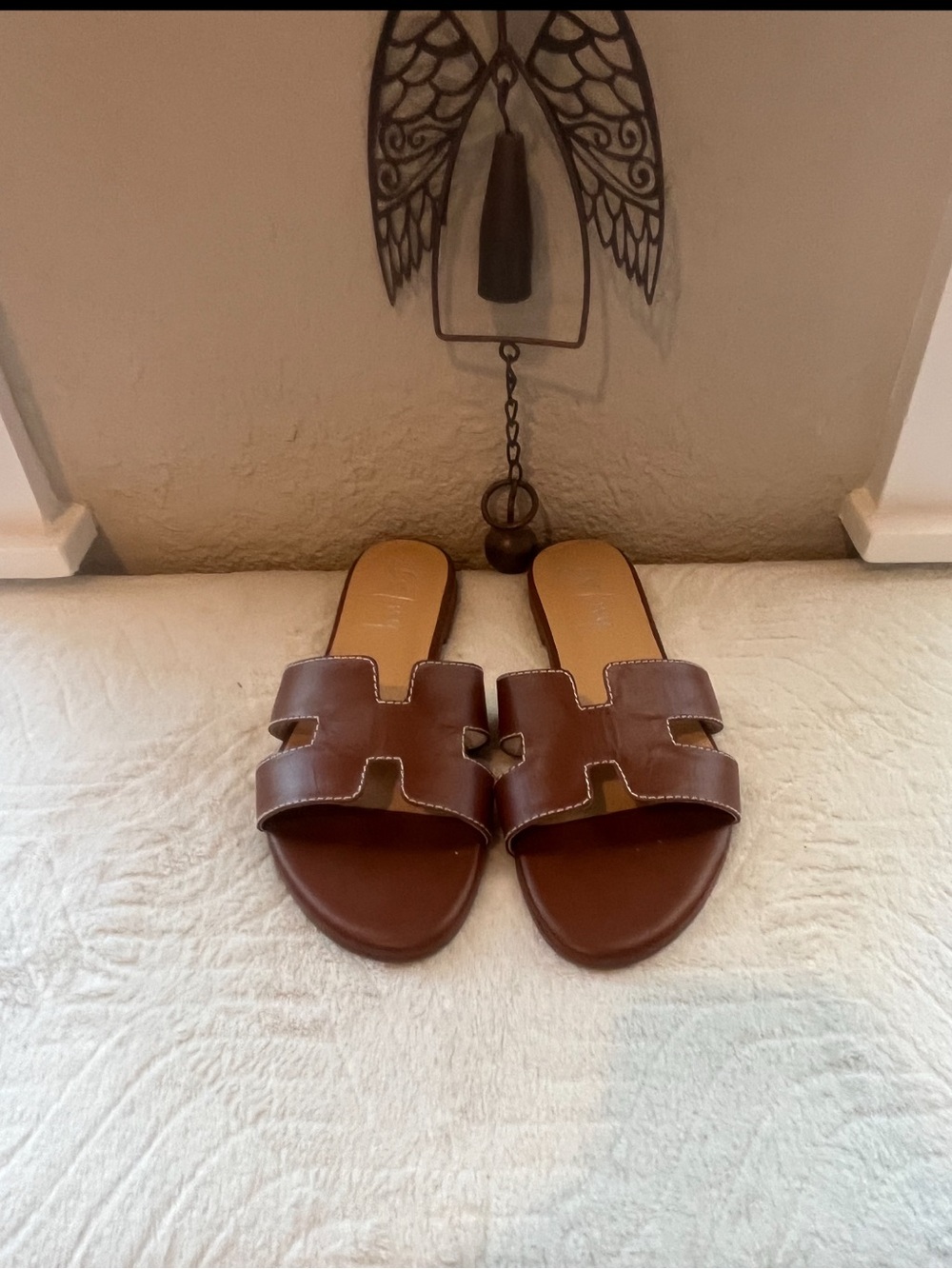 Brown Leather Slide Sandals - Women